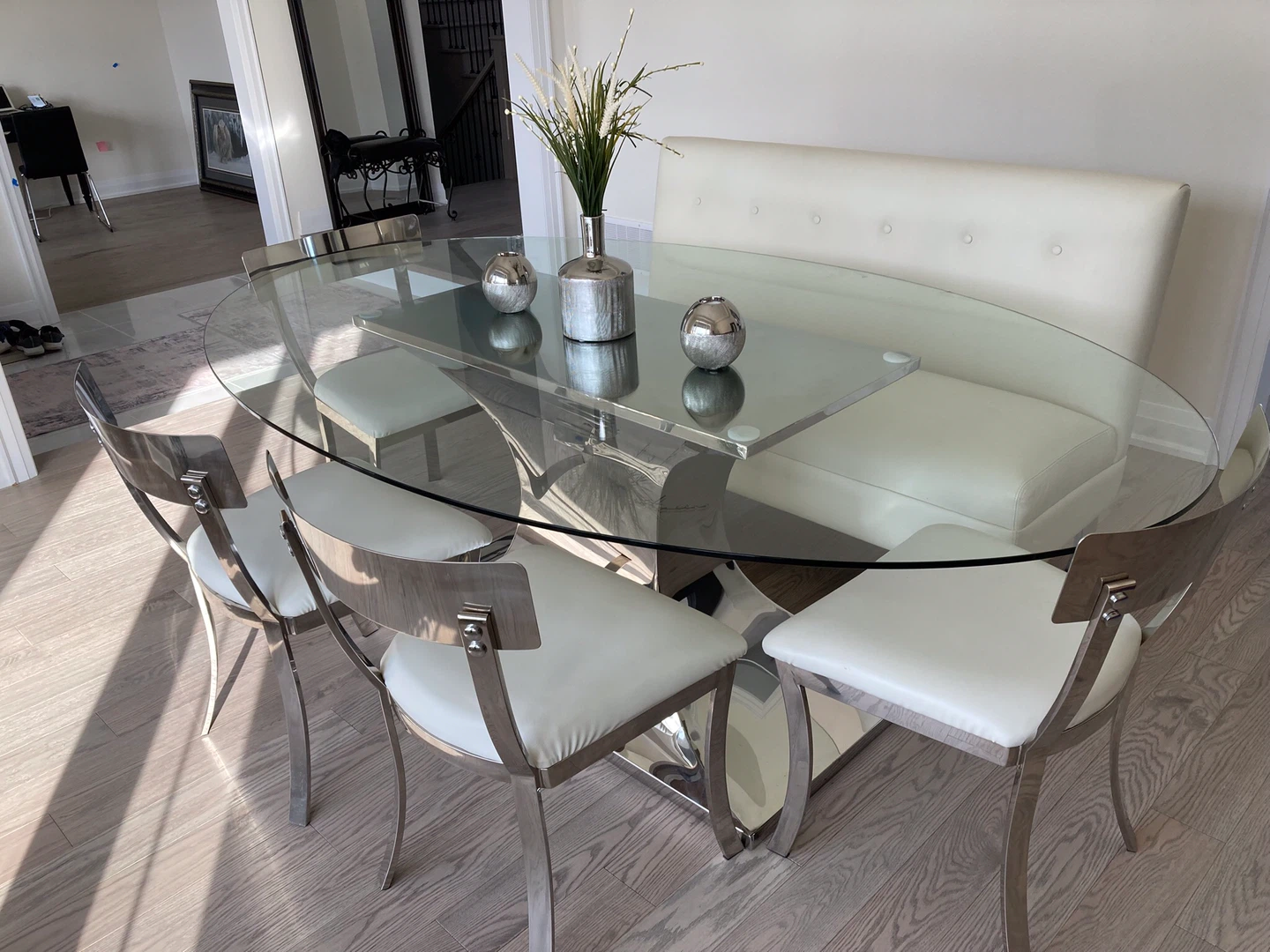 Oval Glass Dining Table with 4 Chairs and Bench