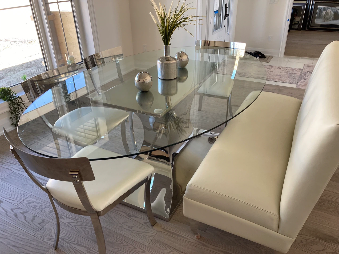 Oval Glass Dining Table with 4 Chairs and Bench - photo 2