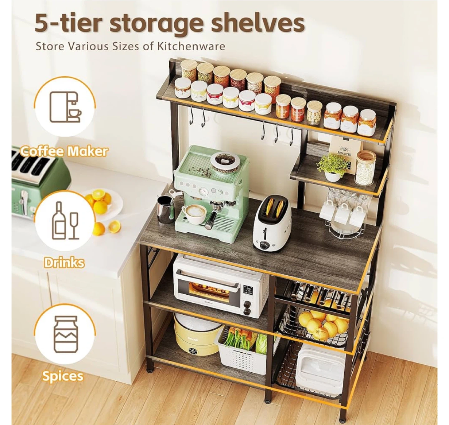 5-Tier Kitchen Baker's Rack with Power Outlet and Baskets - photo 4