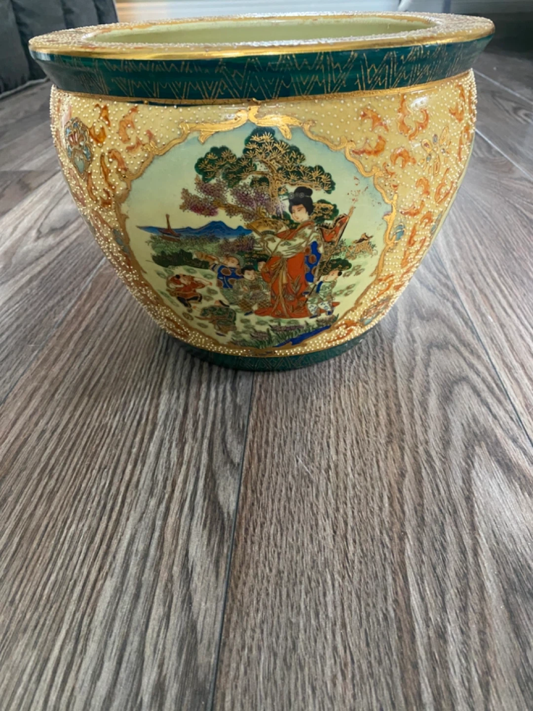 Vintage  Porcelain Planter with Wooden Stand