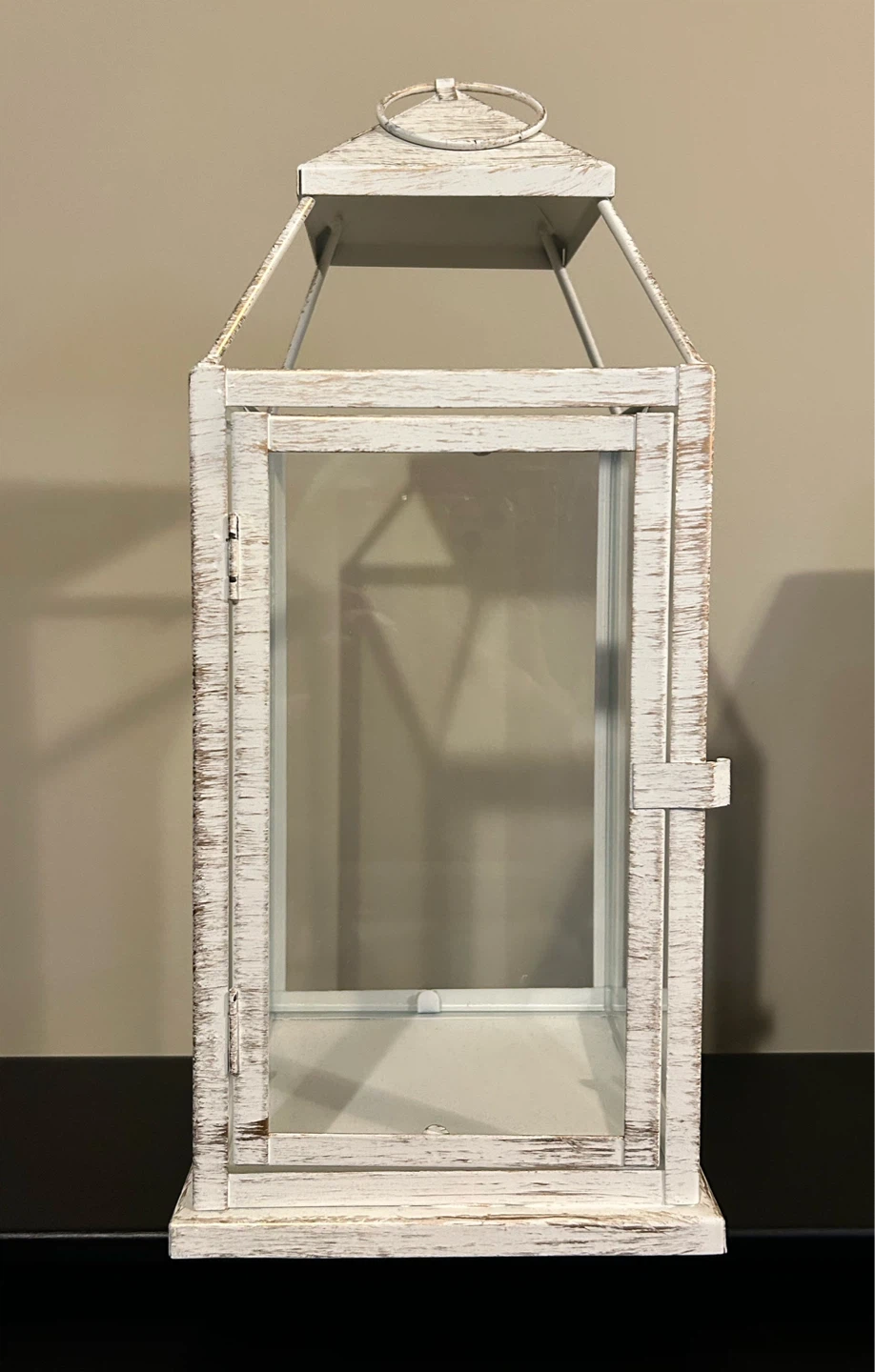 White distressed metal and glass lantern
