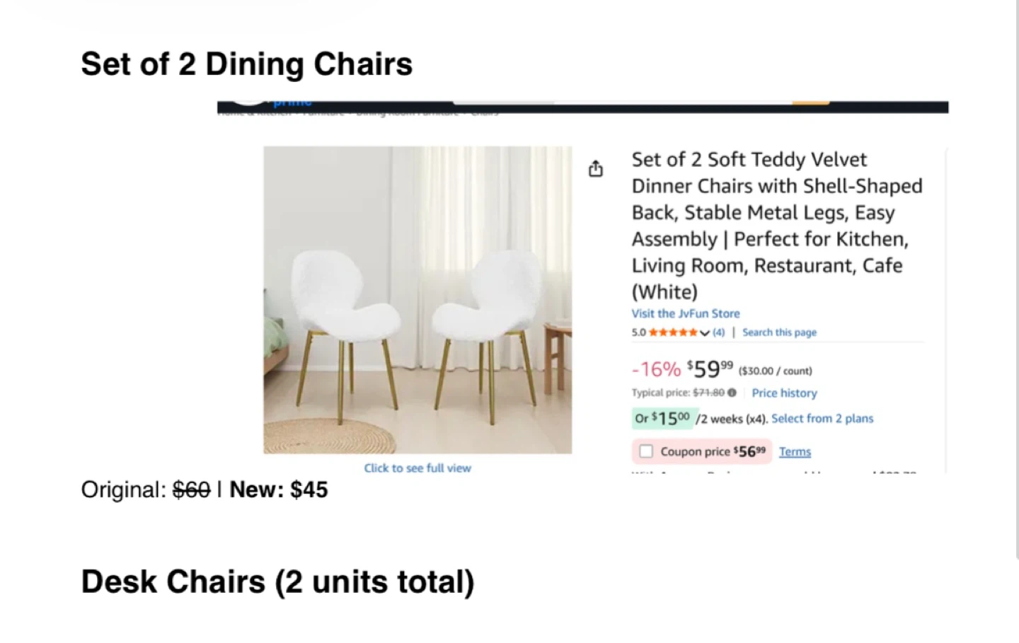 Set of 2 White Teddy Velvet Dining Chairs