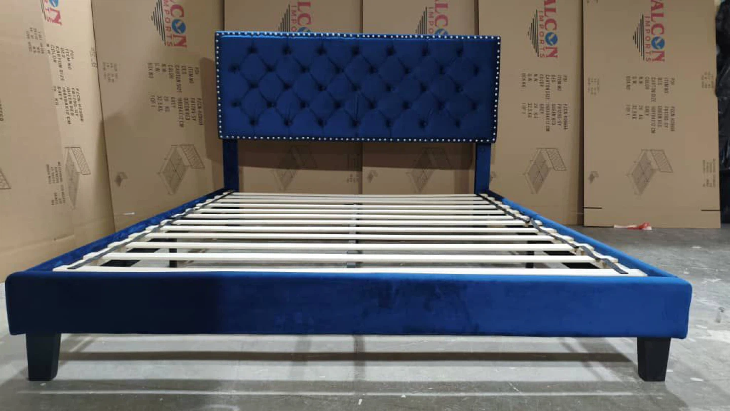 Velvet Upholstered Bed Frame with Tufted Headboard
