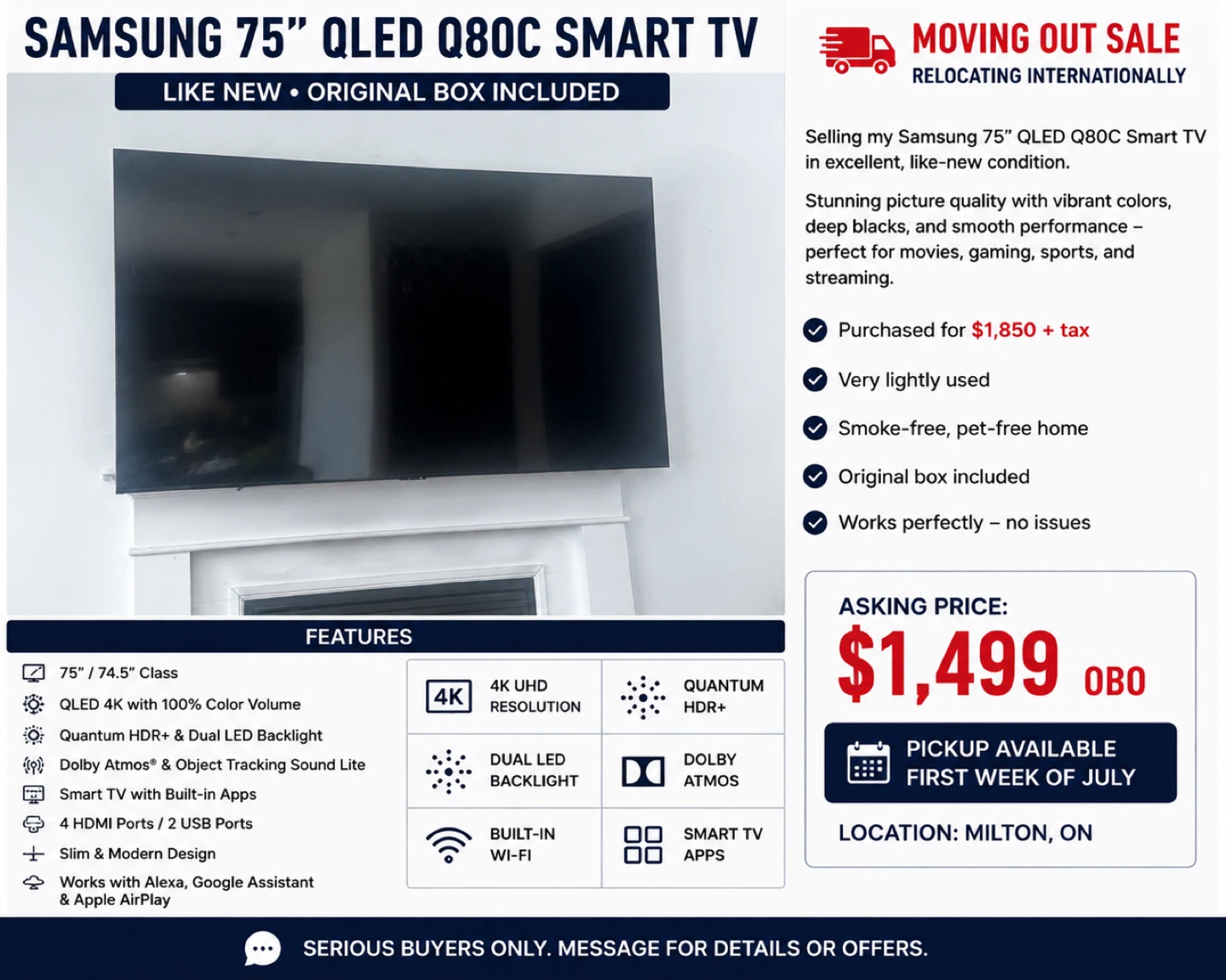 Samsung 75" QLED Q80C Smart TV - Like New - photo 3