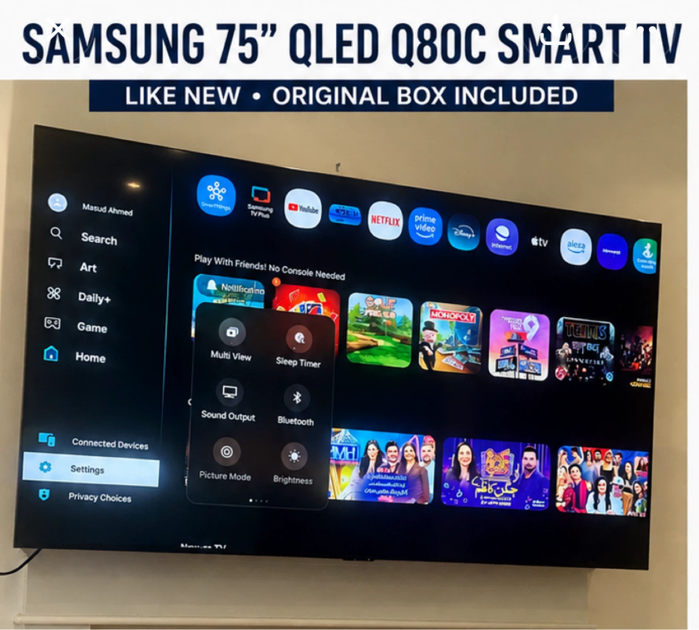 Samsung 75" QLED Q80C Smart TV - Like New