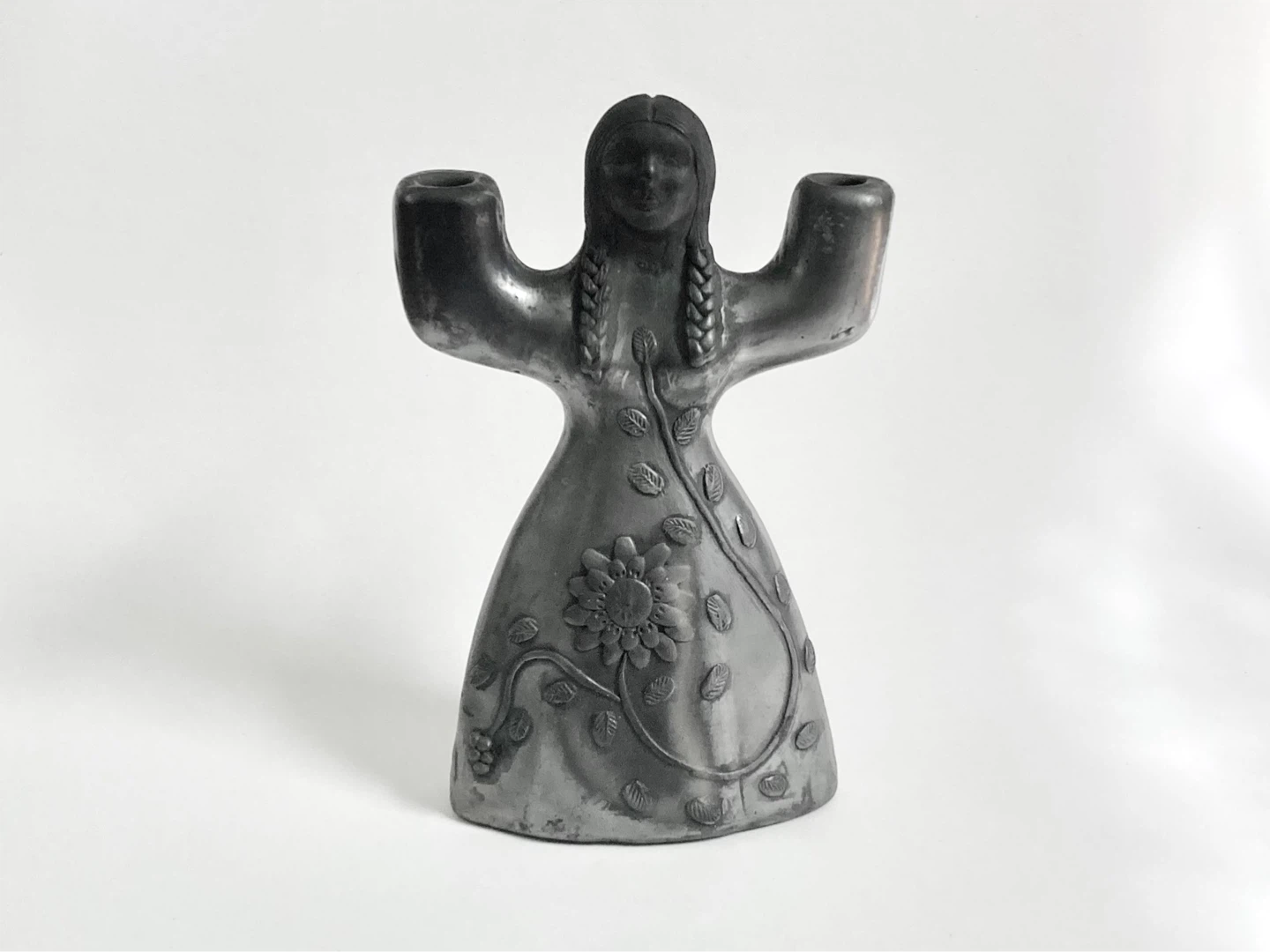 Vintage Mexican Barro Negro Woman Candelabra