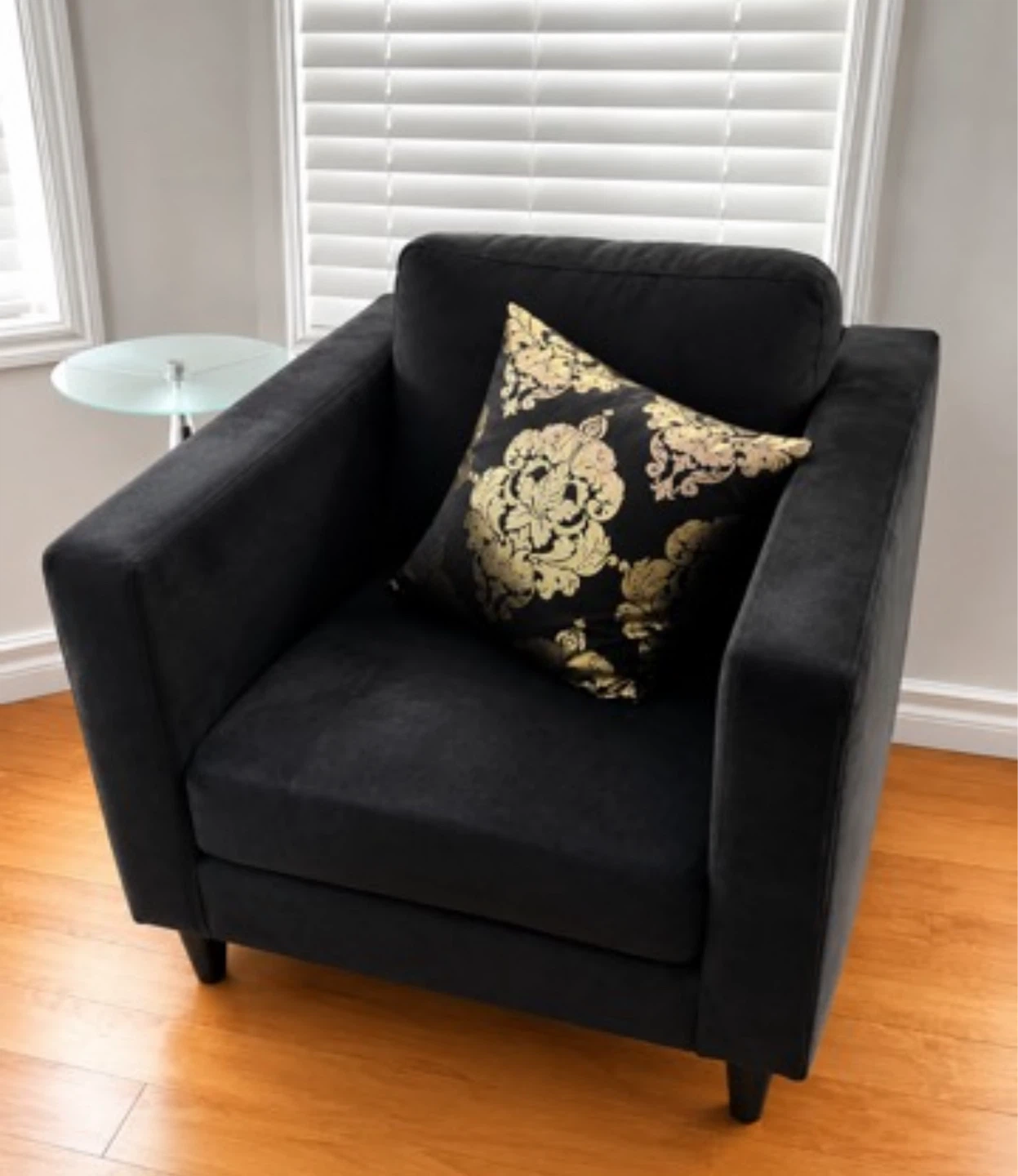 Black Accent Chair with Black and Gold Damask Pillow - photo 4