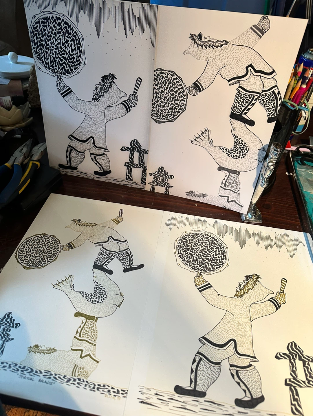 Pair of Signed Vintage Billy Merkosak First Nations Drawings - photo 4