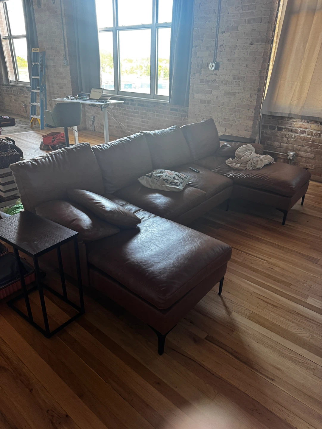 Brown Leather Sectional Sofa with Ottoman