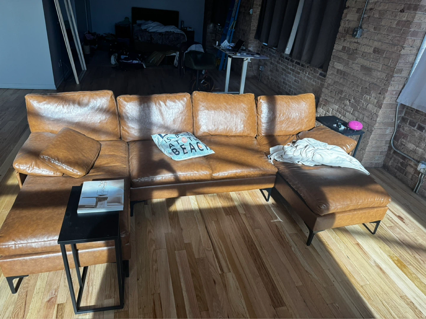 Brown Leather Sectional Sofa with Ottoman - photo 2