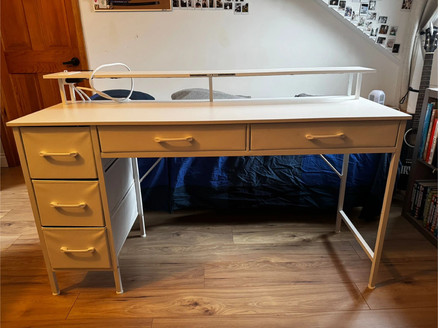 White Desk with Built-in Power Outlet and Shelving