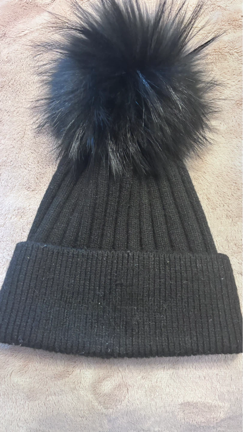 Black Beanie with Black Faux Fur Pom Pom - photo 2