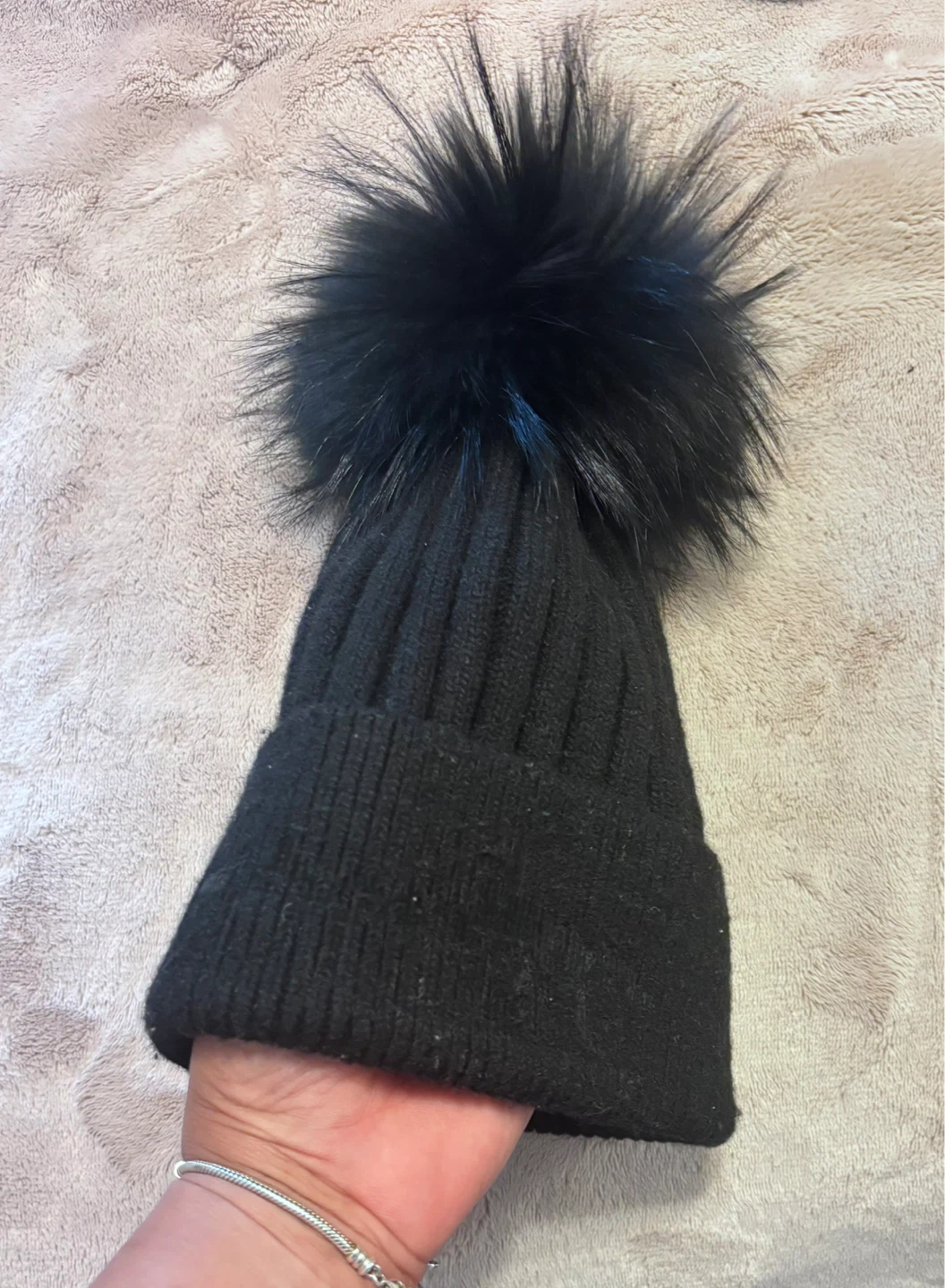 Black Beanie with Black Faux Fur Pom Pom - photo 3