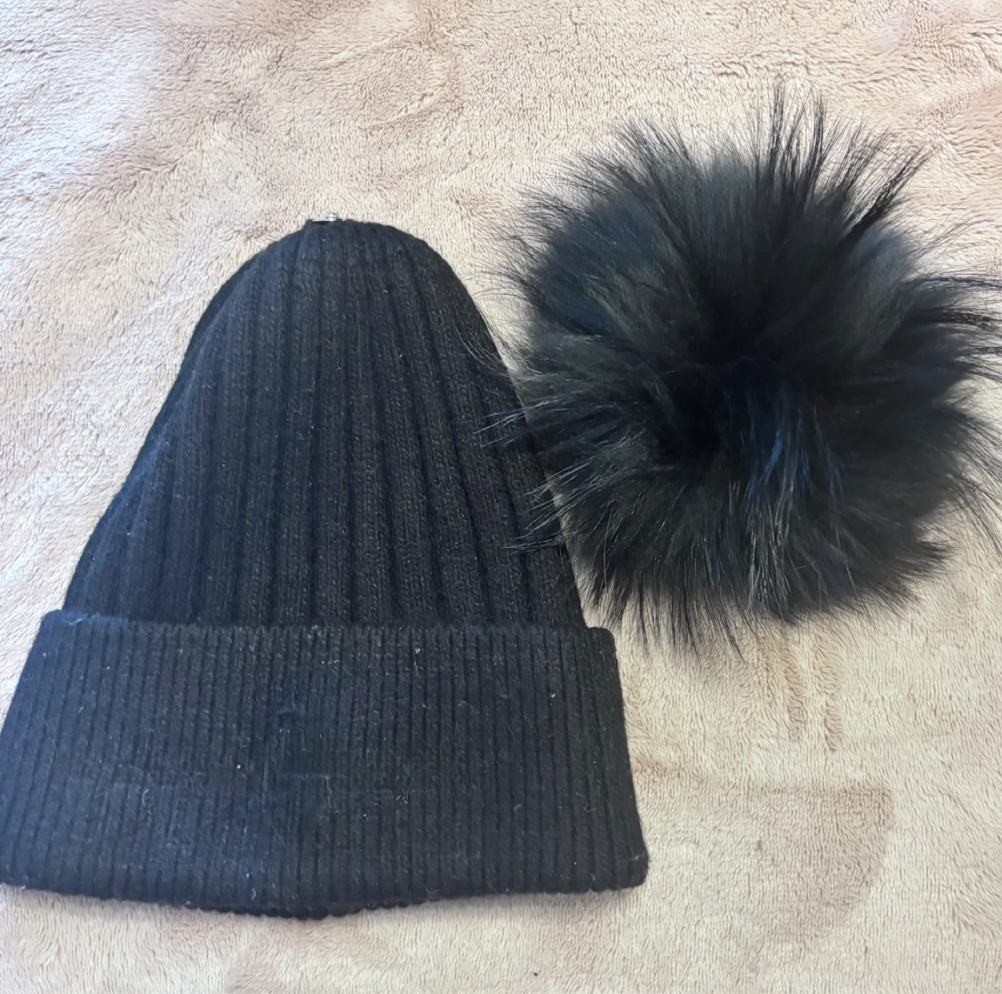 Black Beanie with Black Faux Fur Pom Pom
