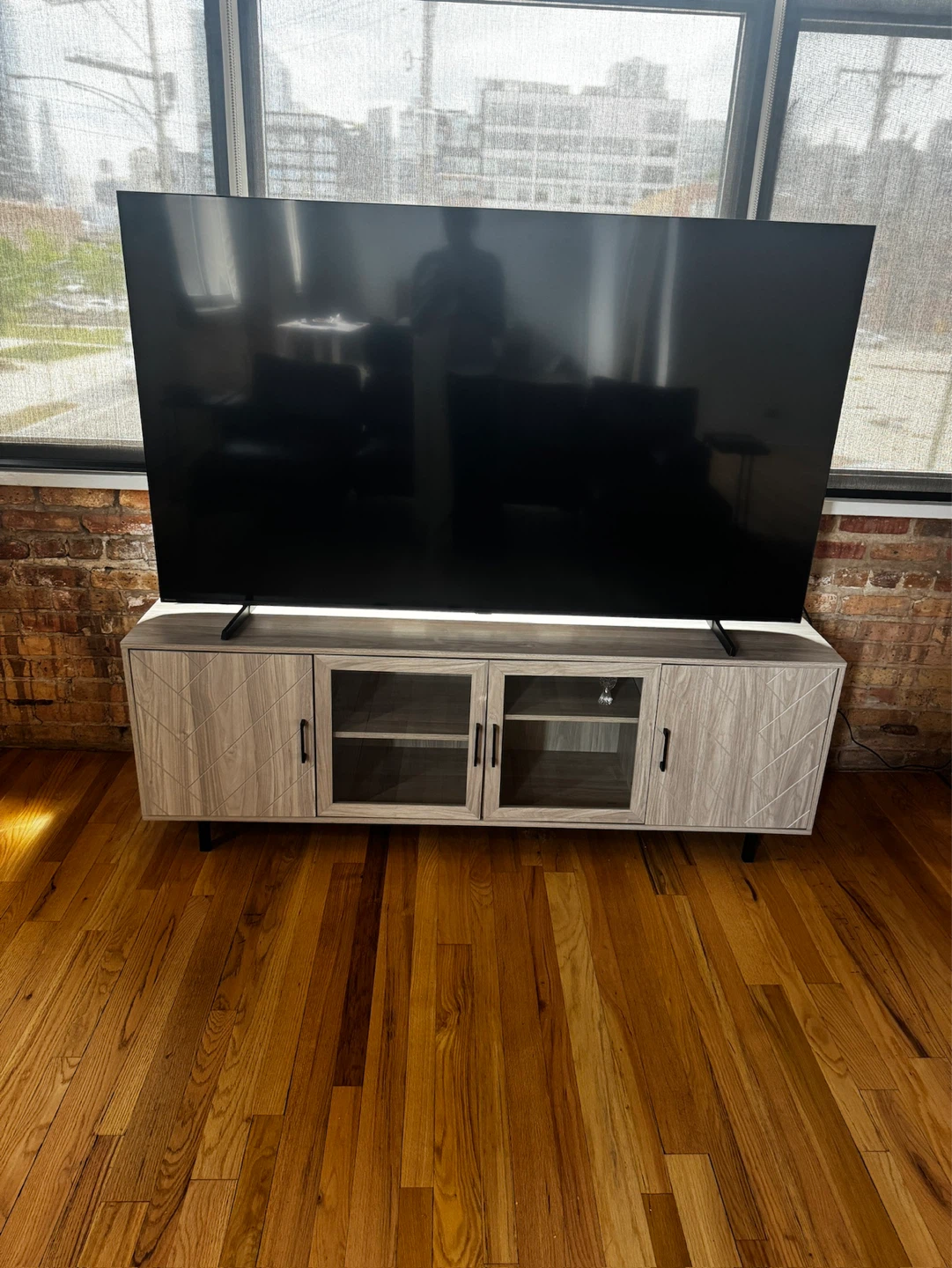 Modern Light Wood TV Stand with Glass Doors - photo 2