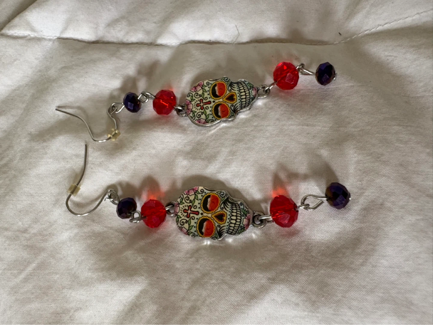 Day of the Dead Skull Earrings with Red and Purple Beads