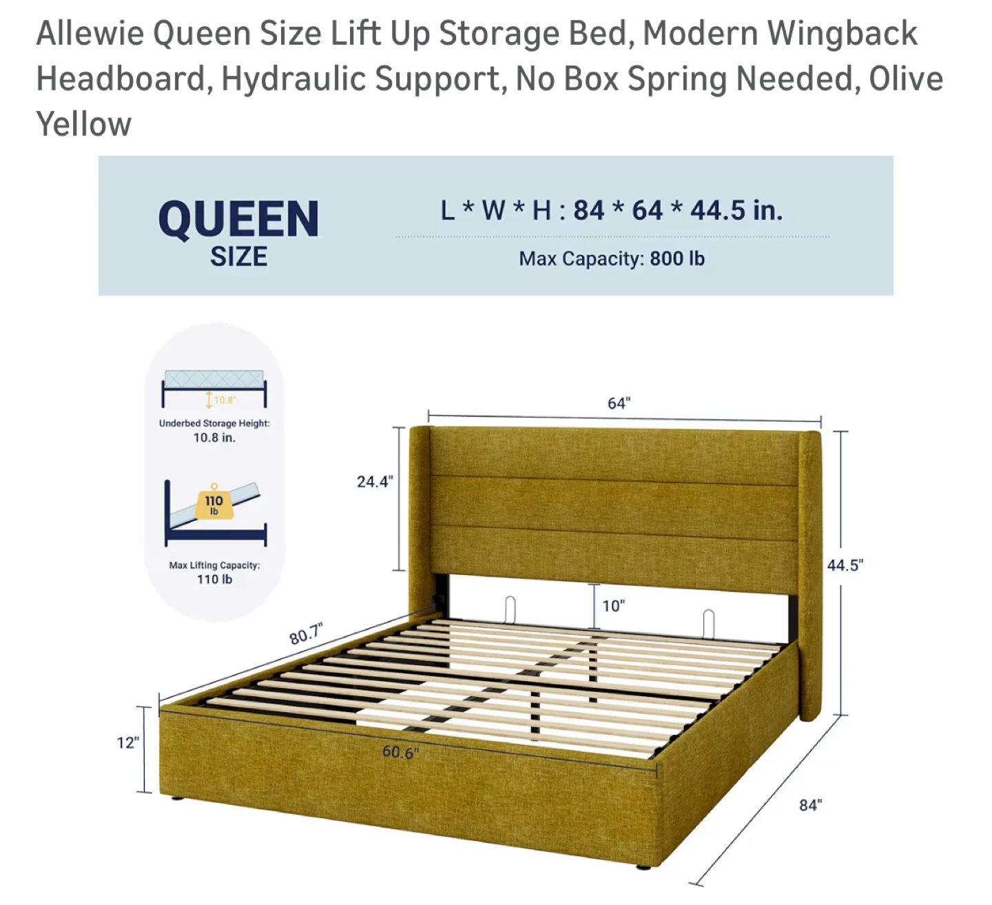 Bedframe Allewie Queen Size Lift Up Storage Bed - Olive Yellow - photo 2