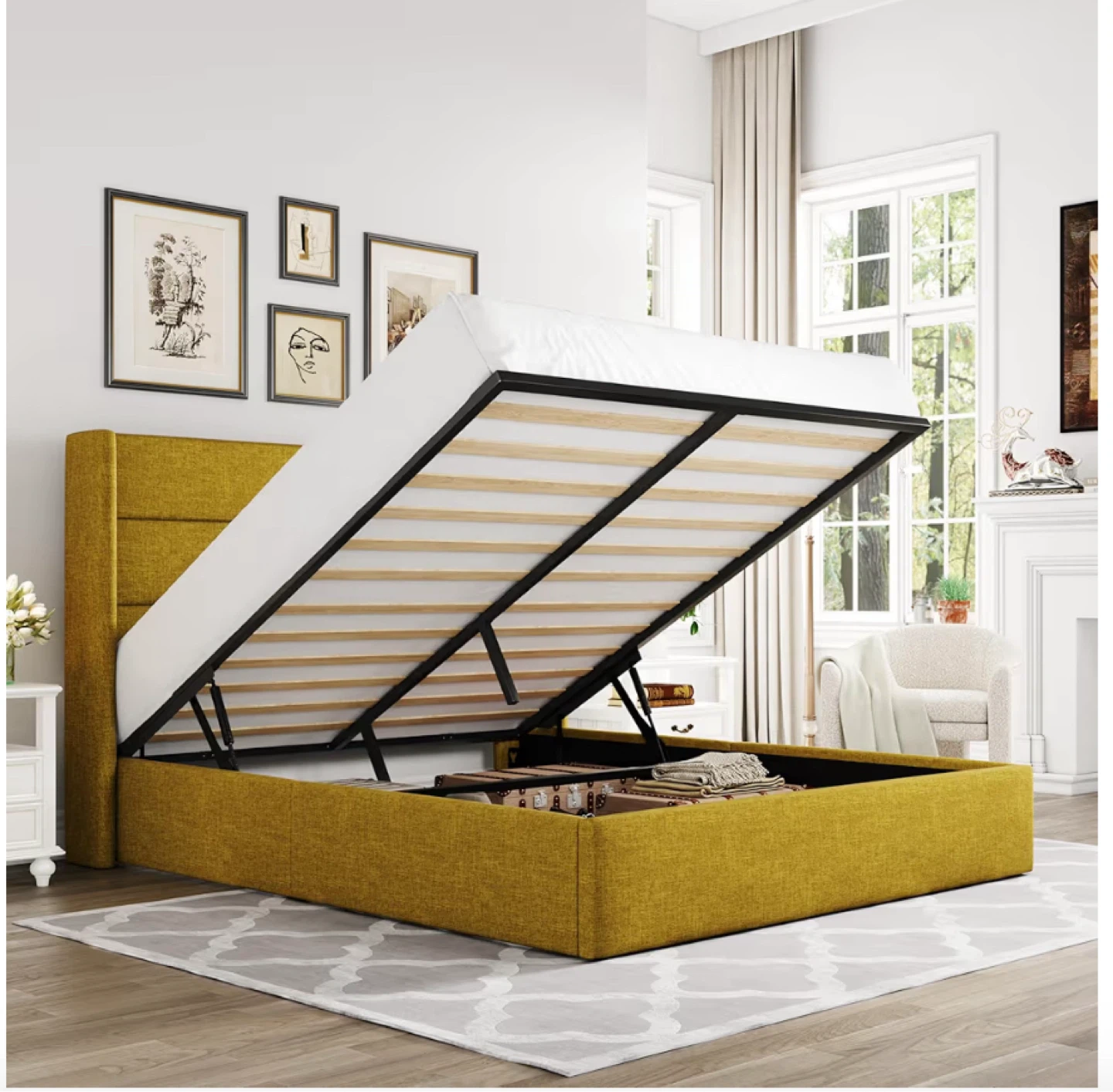 Bedframe Allewie Queen Size Lift Up Storage Bed - Olive Yellow