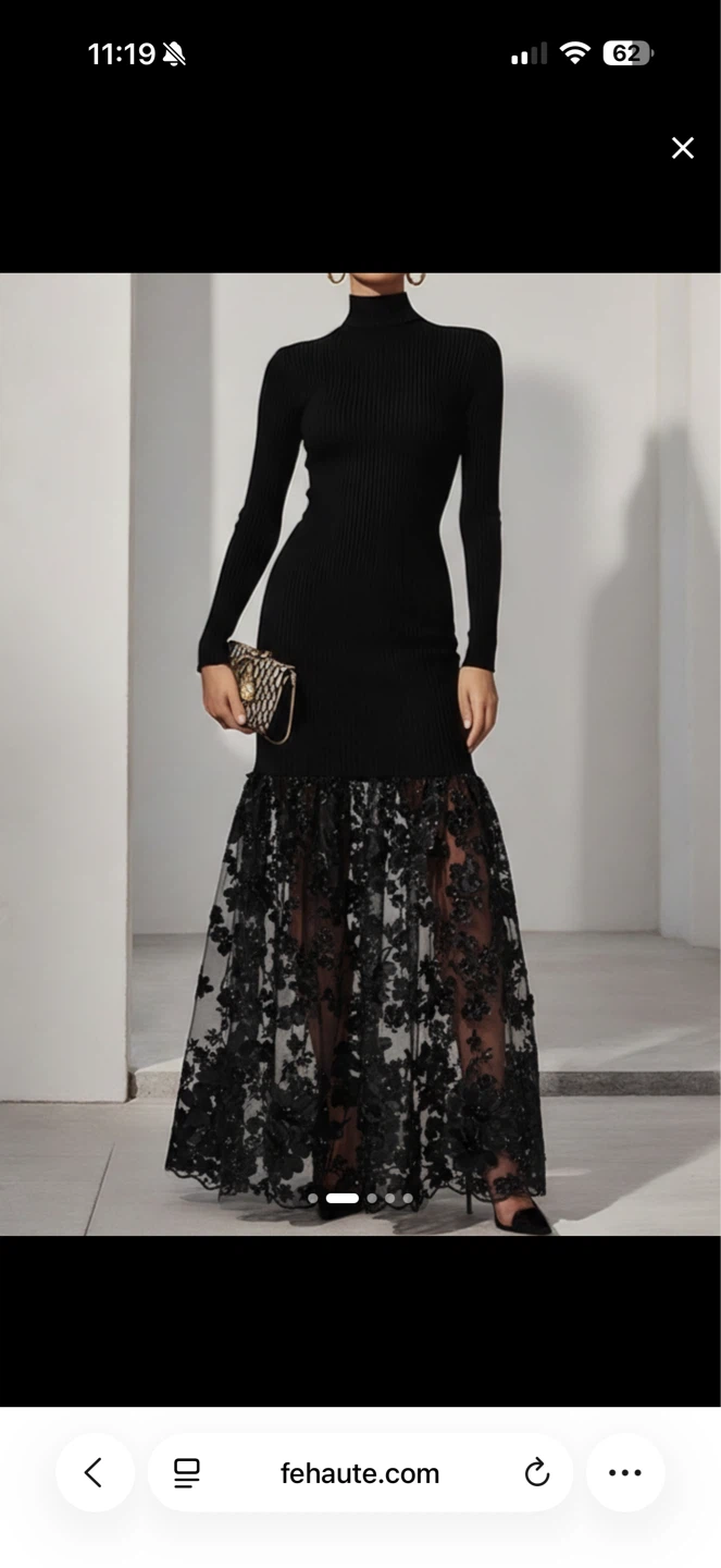 FEHAUTE Black Mesh Floral Knit Mock Neck Maxi Dress