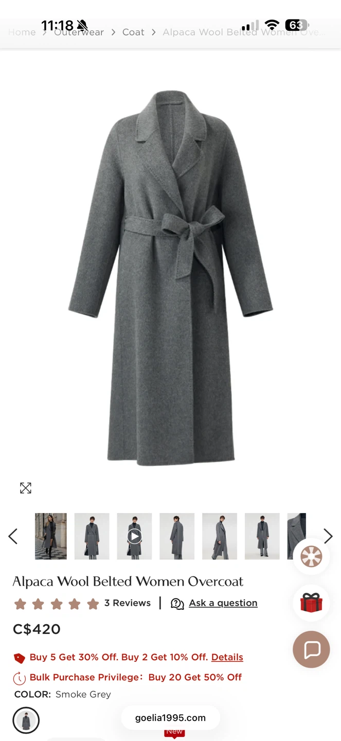 Alpaca Wool Belted Women Overcoat - Smoke Grey