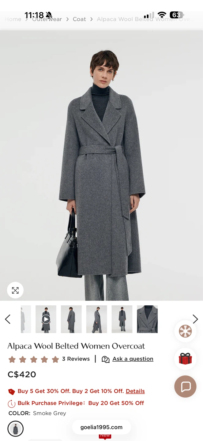 Alpaca Wool Belted Women Overcoat - Smoke Grey - photo 3