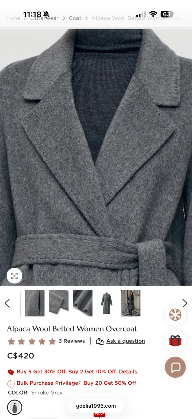 Alpaca Wool Belted Women Overcoat - Smoke Grey - photo 2