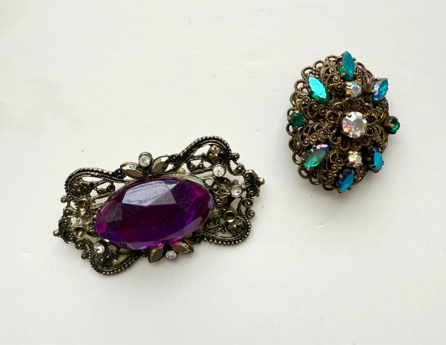 Vintage Brooch Set - Purple and Teal Gems