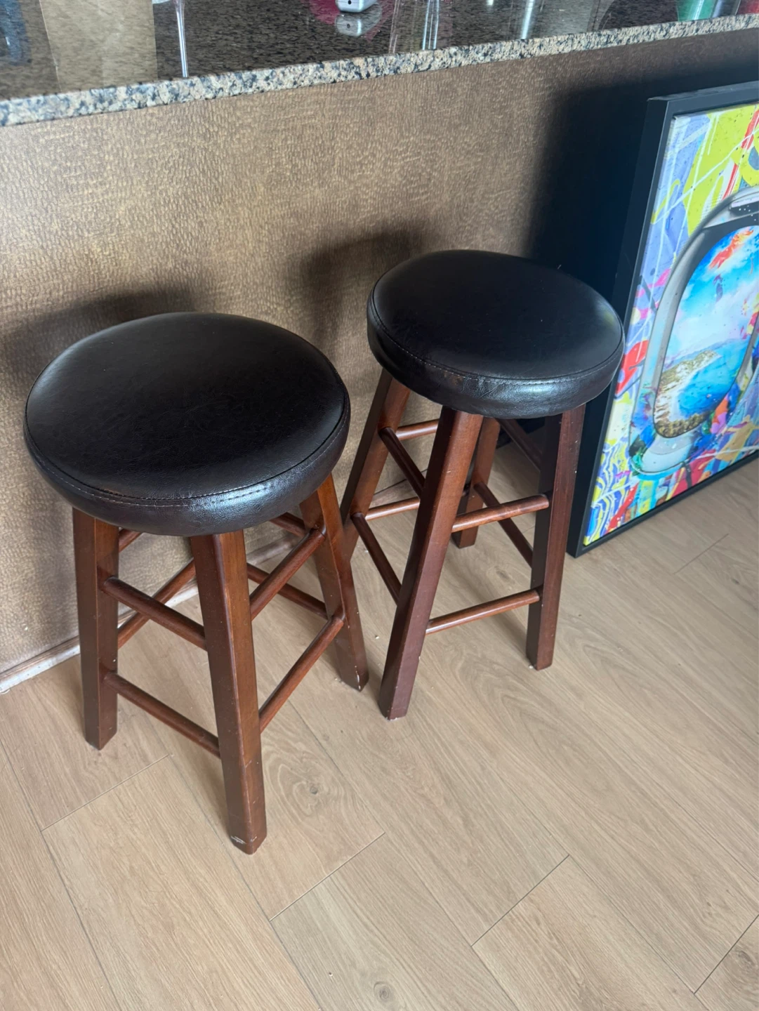 Two dark brown bar stools with wood legs - photo 2