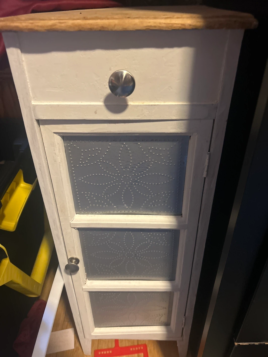 Small White Cabinet with Drawer and Glass Paneled Door