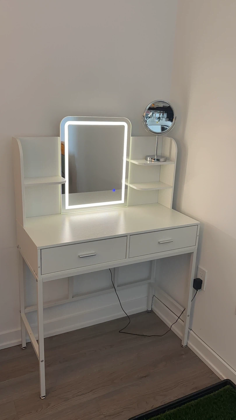 White Vanity Desk with Light-Up Mirror
