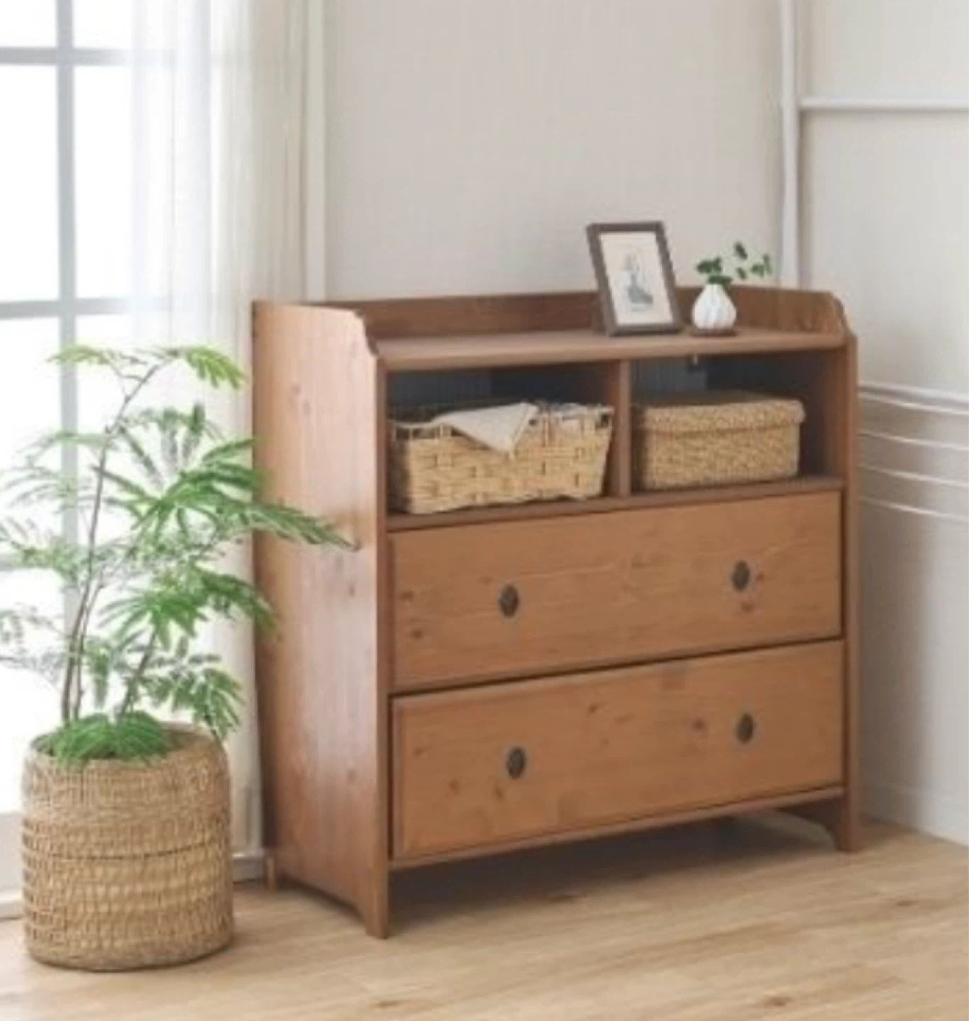 Wooden Dresser with 2 Drawers and Shelves