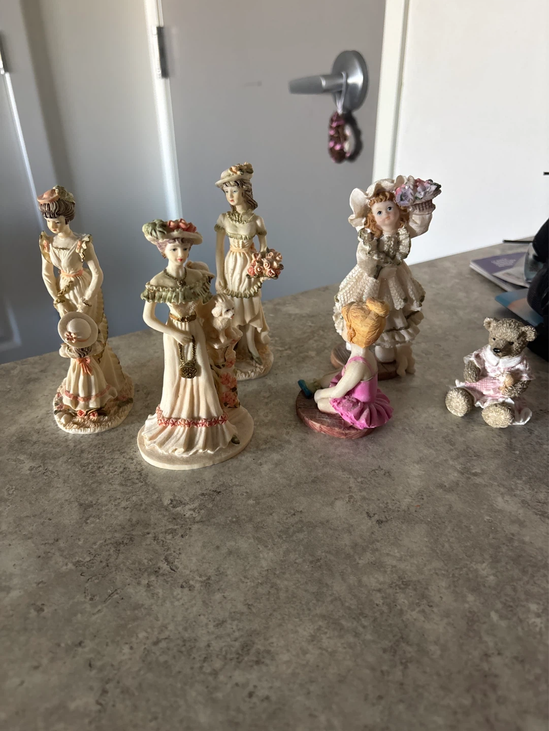 Set of 6 Victorian-style figurines and teddy bear