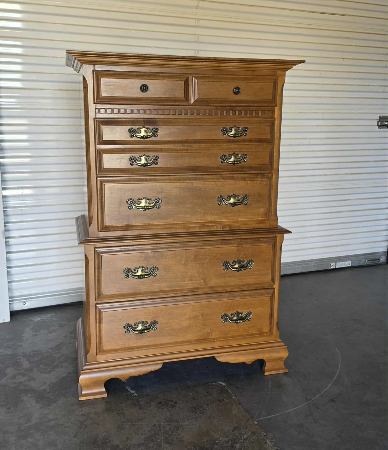 Vintage solid maple 5 drawer tall boy dresser