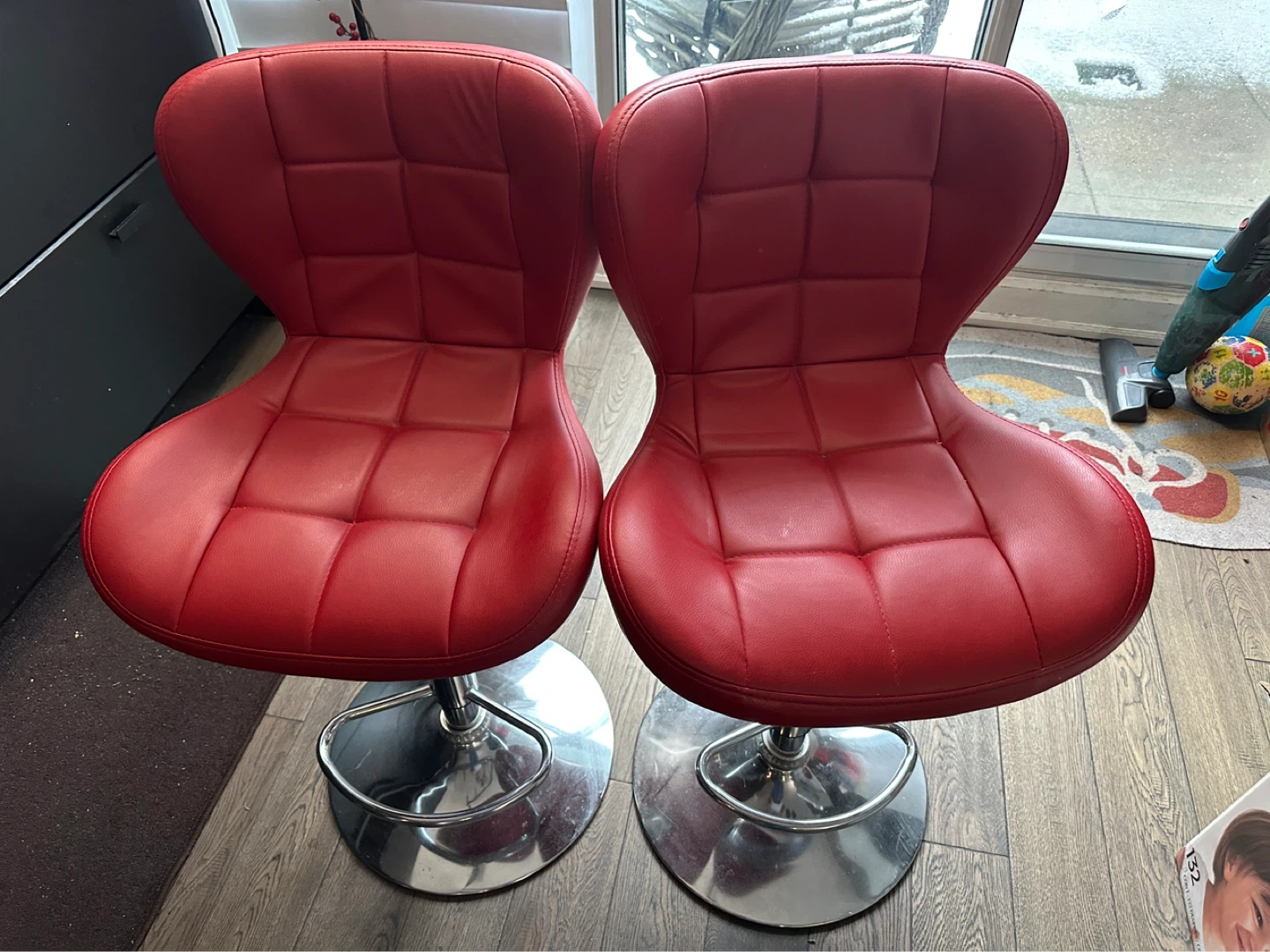 Pair of Red Adjustable Bar Stools