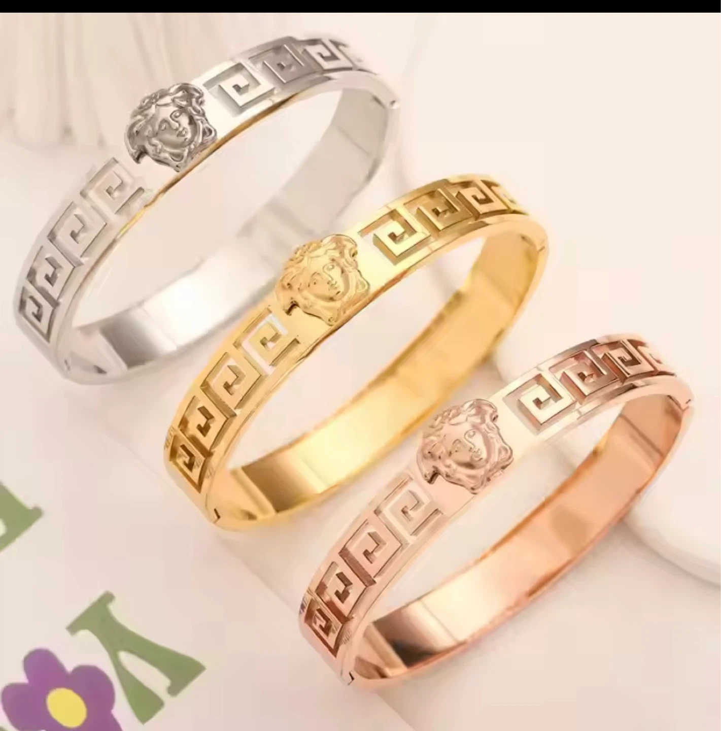 Versace Style Bangle Bracelet Set - Gold, Rose Gold, Silver