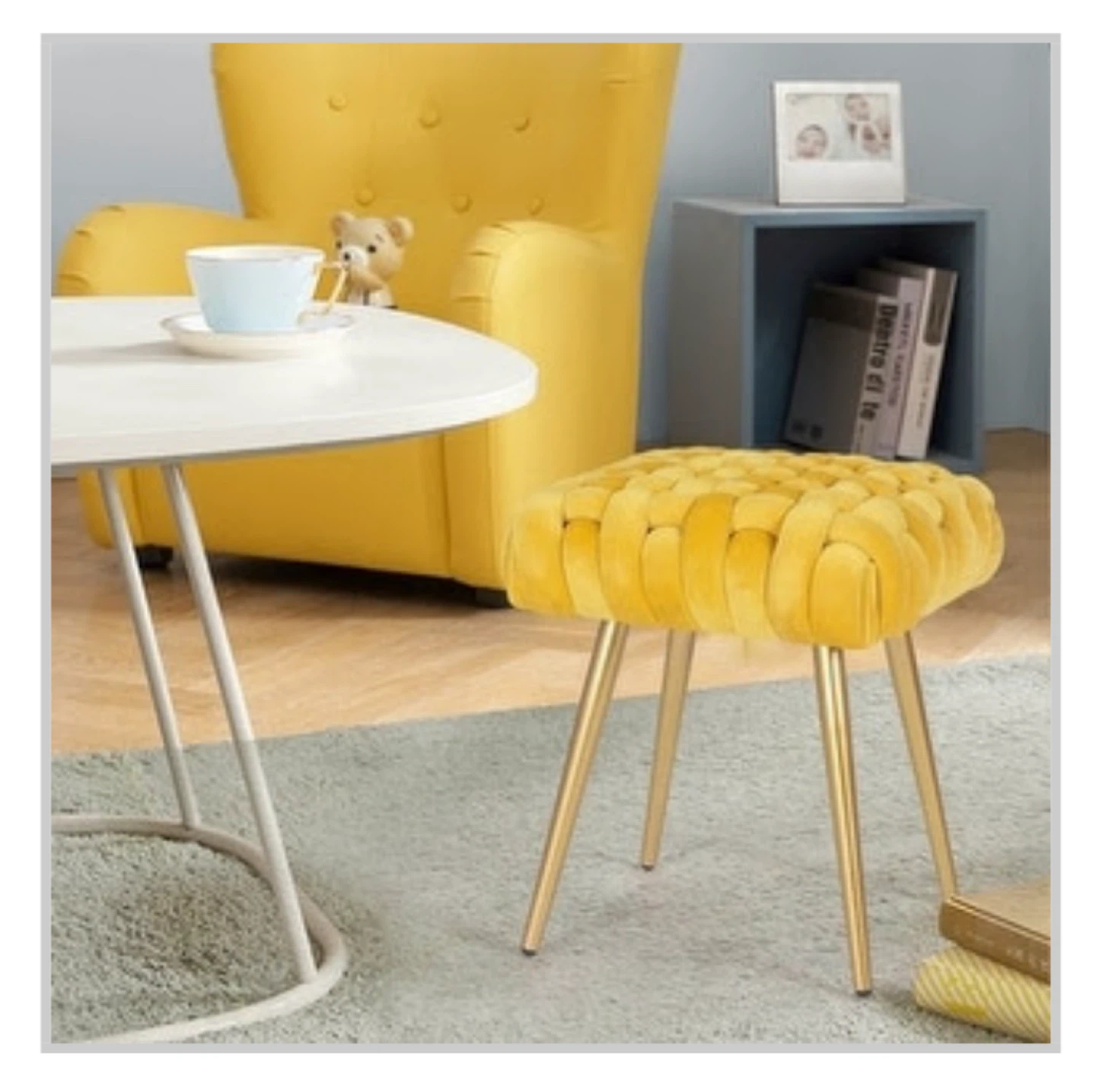 Yellow Velvet Upholstered stool / footstool / ottoman / bench - photo 2