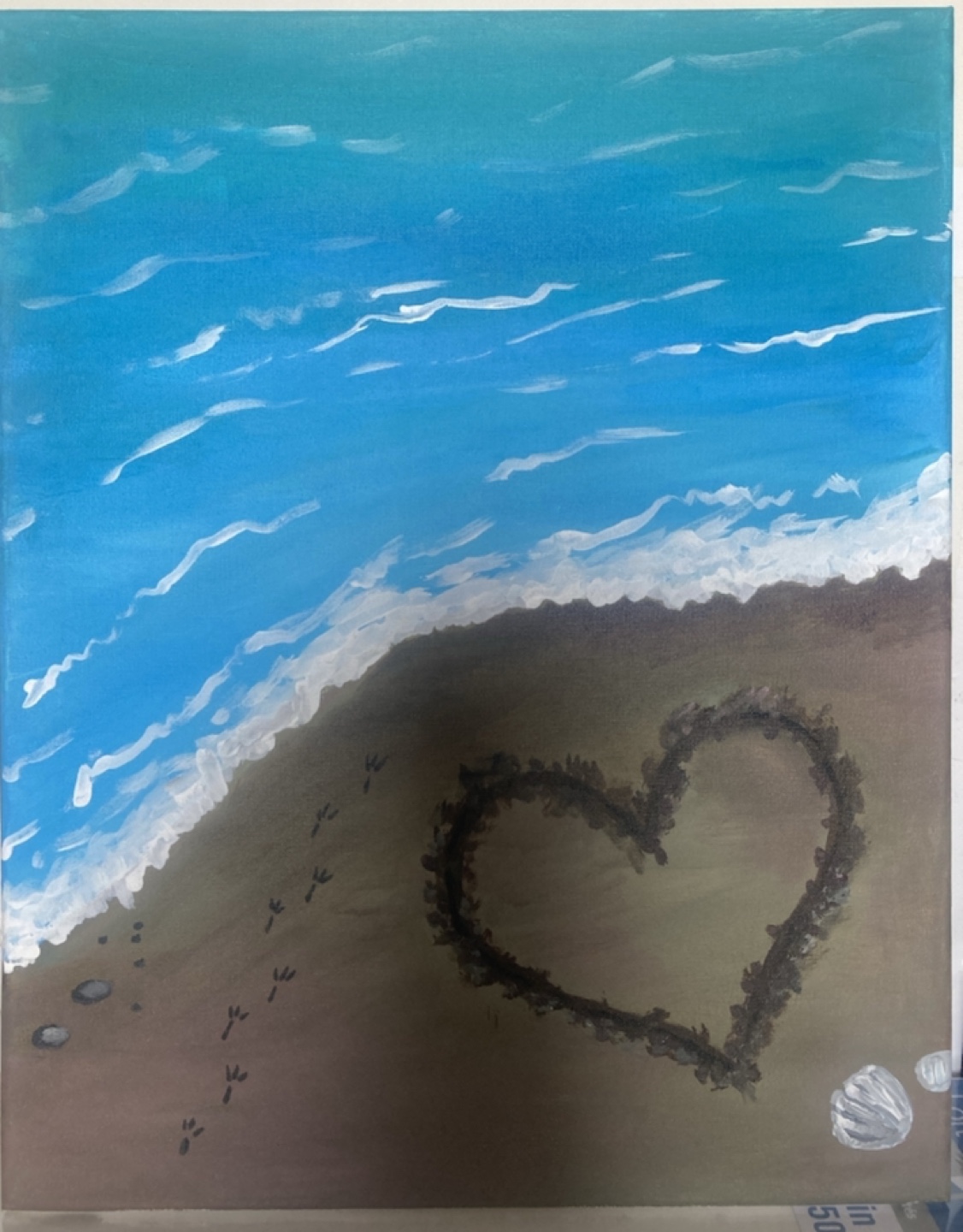 Beach Scene Painting with Heart in Sand
