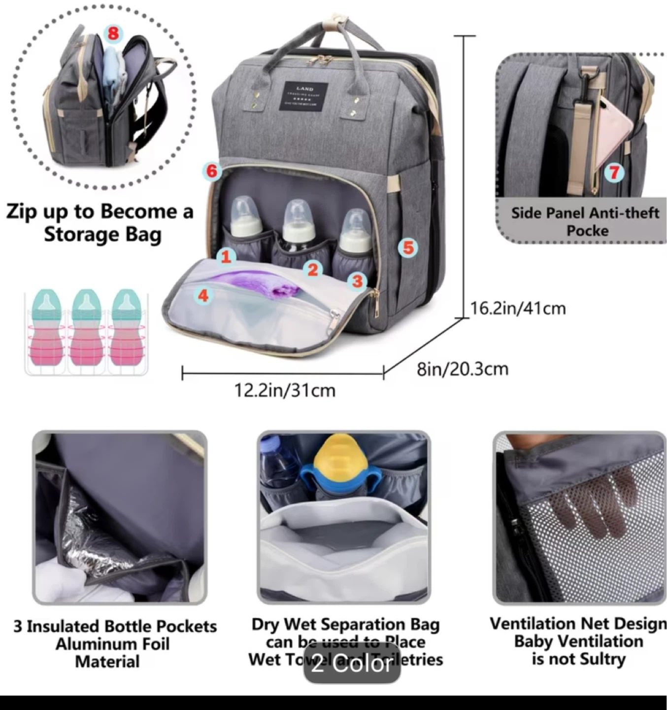 LAND Diaper Bag Backpack with Bassinet and USB - photo 3