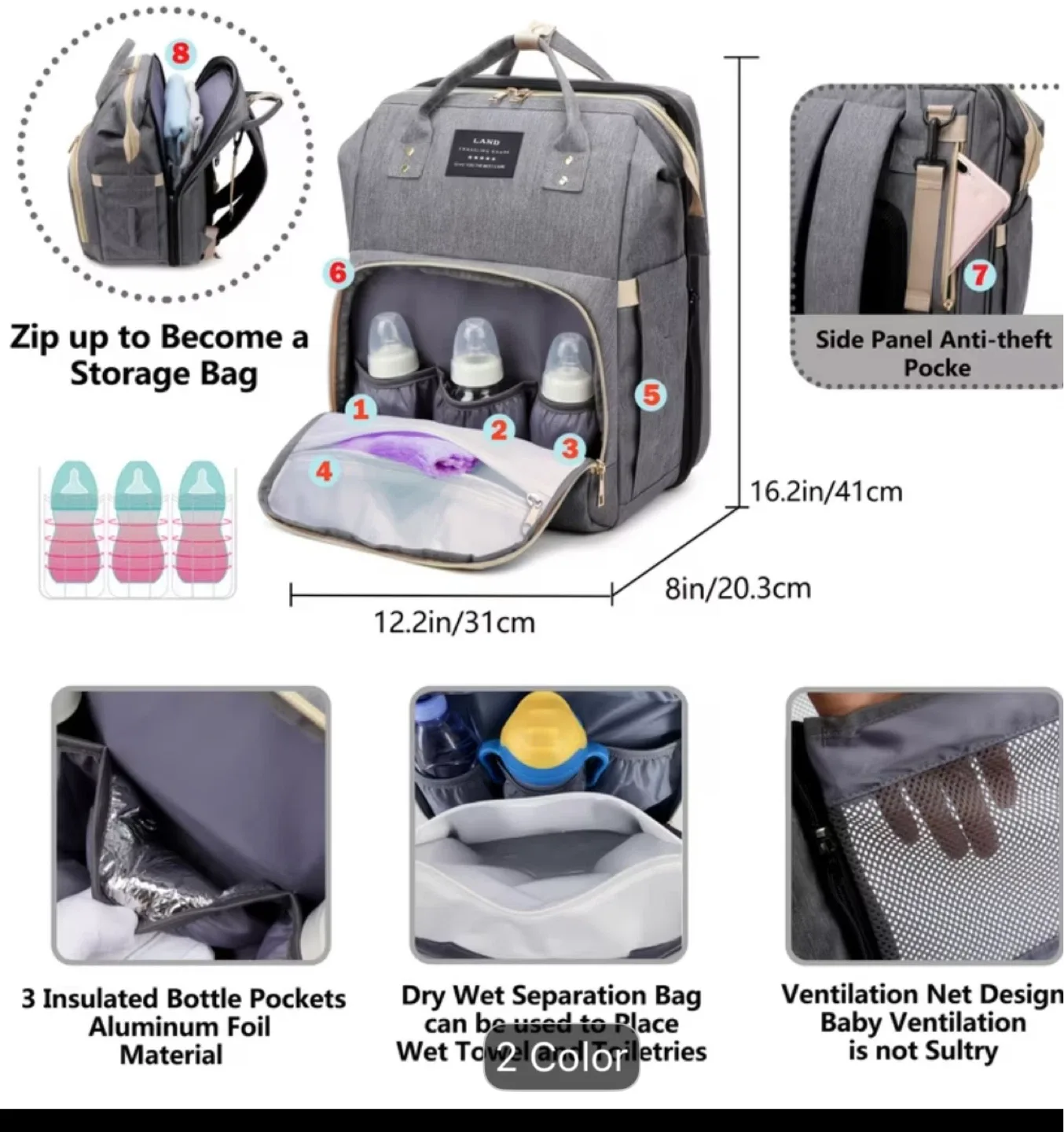 LAND Diaper Bag Backpack with Bassinet and USB - photo 3