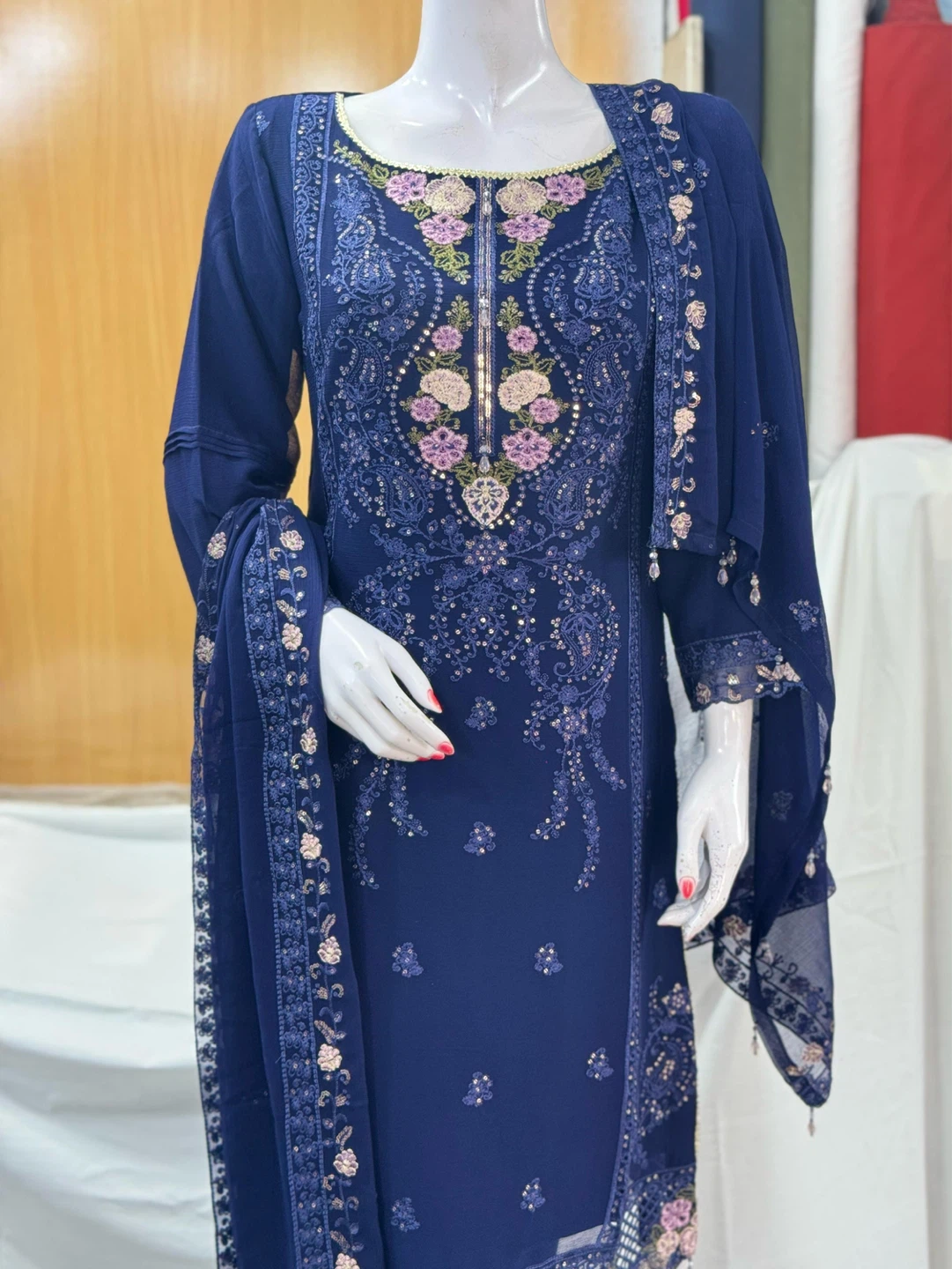 Embroidered Blue Salwar Kameez Dupatta Set - photo 5
