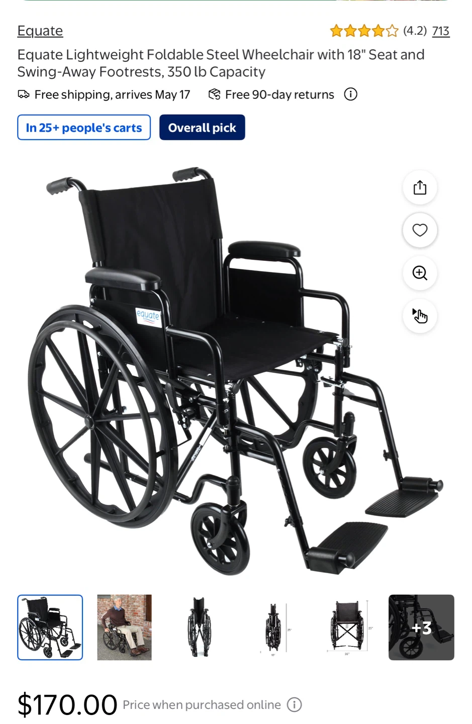 Equate Lightweight Foldable Steel Wheelchair 18" Seat