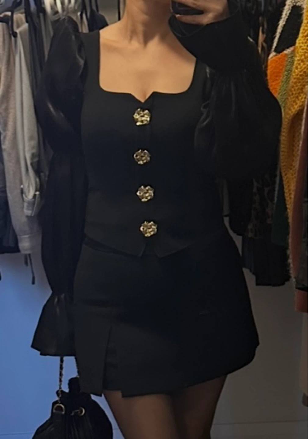 Black Puff Sleeve Top with Gold Buttons - photo 3
