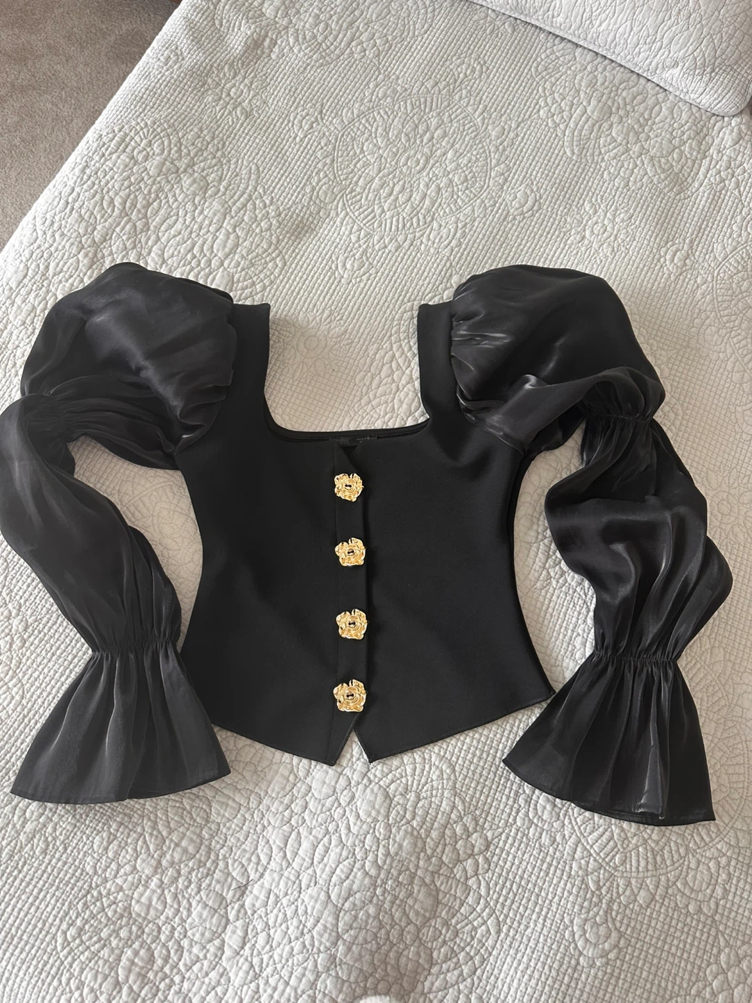 Black Puff Sleeve Top with Gold Buttons