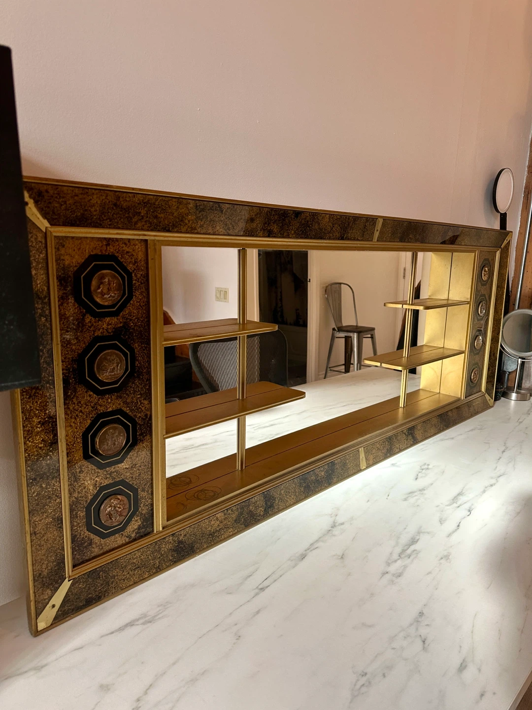 MCM VINTAGE SHADOW BOX VANITY MIRROR W DISPLAY SHELVES GOLD - photo 2