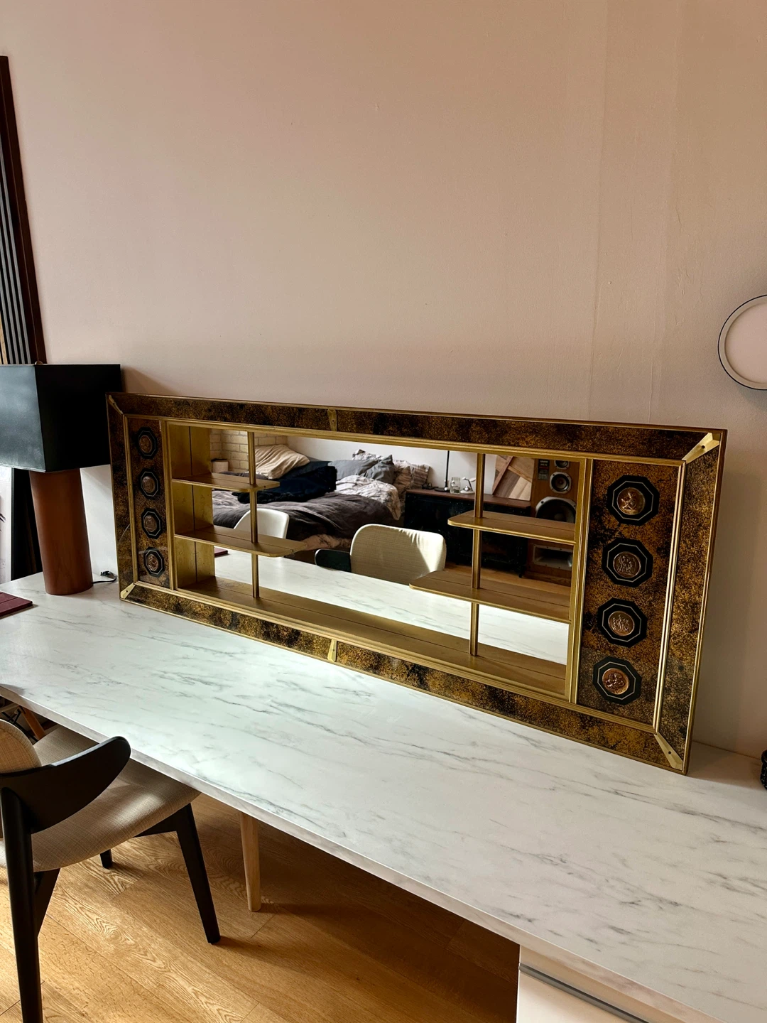 MCM VINTAGE SHADOW BOX VANITY MIRROR W DISPLAY SHELVES GOLD
