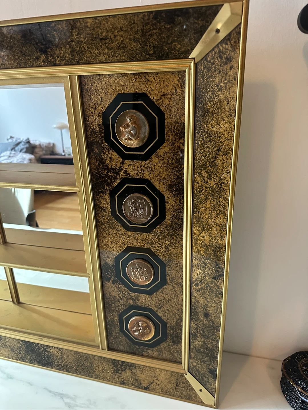 MCM VINTAGE SHADOW BOX VANITY MIRROR W DISPLAY SHELVES GOLD - photo 4