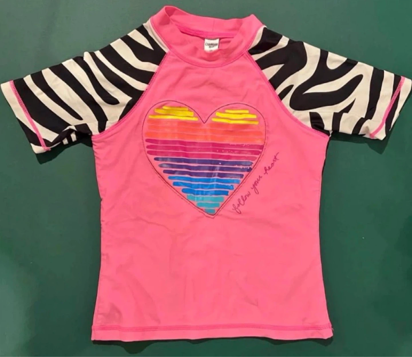 EUC: Pink Rainbow Heart Raglan Swim Top Rash Guard Size 10