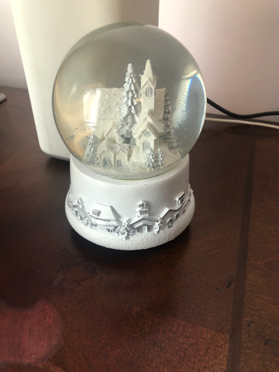 White Snow Globe with Church and Village Scene