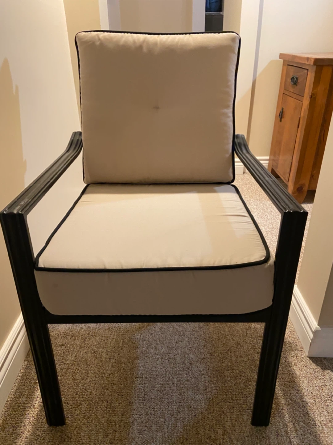 Black Metal Armchairs x 4 with Beige Cushions