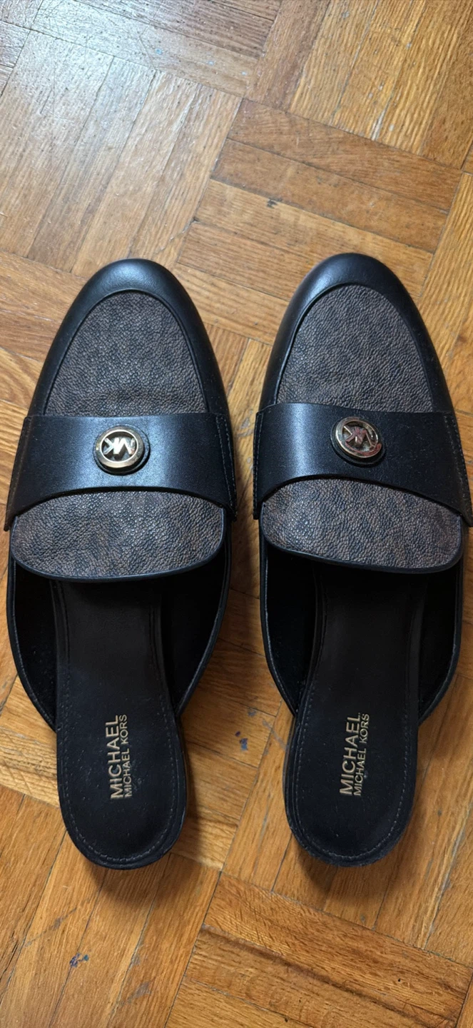 Michael Kors Black and Brown Logo Mule Flats Size 9